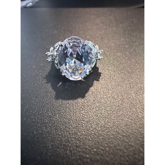 Silver Plated CZ Statement Ring Oval Cut Stone With Vintage Inspired Design - Picture 2 of 4